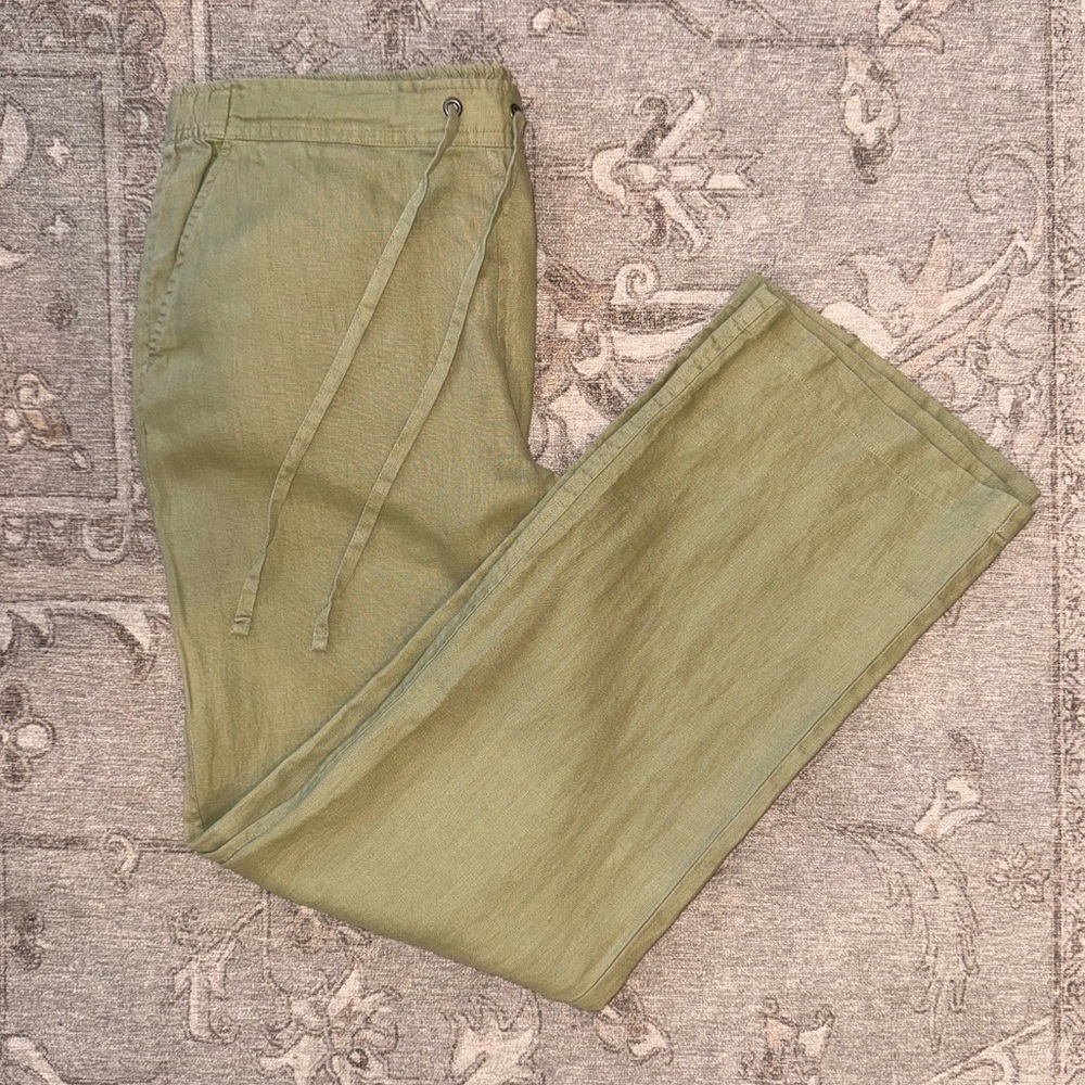 Women’s 100% Linen Pants Green with Drawsting & Pockets Vince Camuto